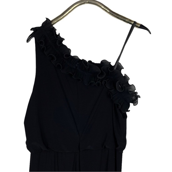 ADRIANNA PAPELL RUFFLE ONE SHOULDER BLOUSON WIDE LEG BLACK JERSEY JUMPSUIT - Picture 7 of 16